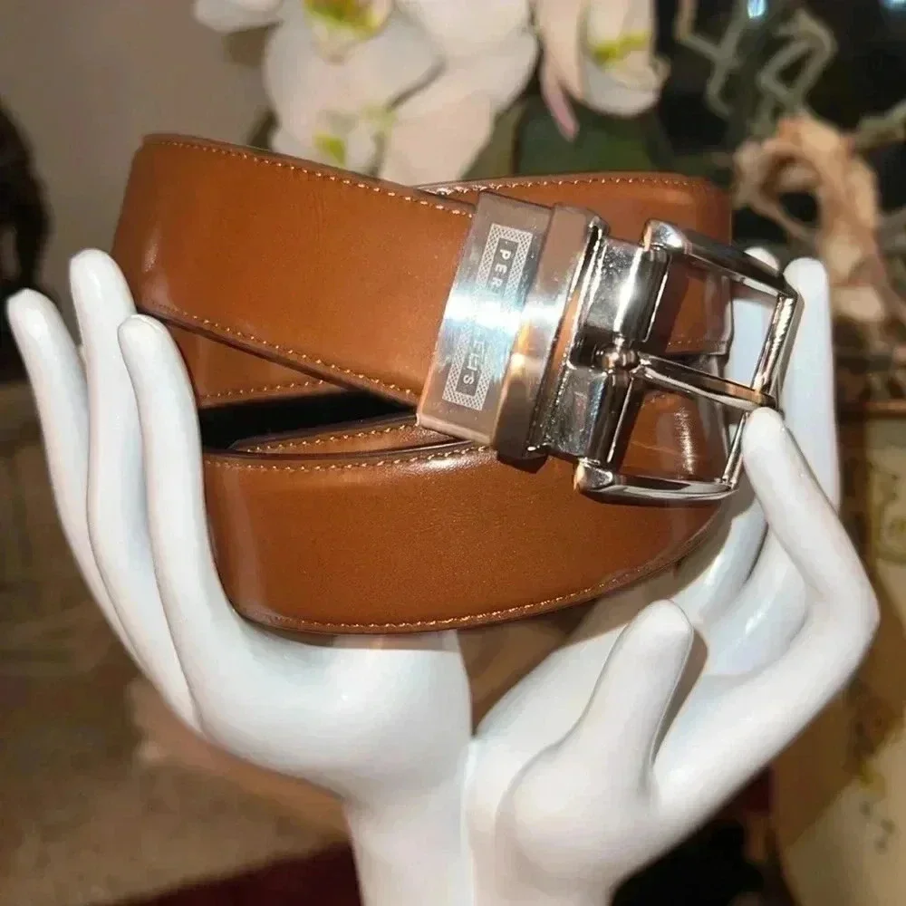 Perry Ellis Men’s Black Brown Reversible Belt Silver Tone Buckle Size 38 NWT